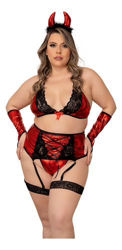 Babydoll Diablita Liguero Conjunto Curvy Mujer Accesorios