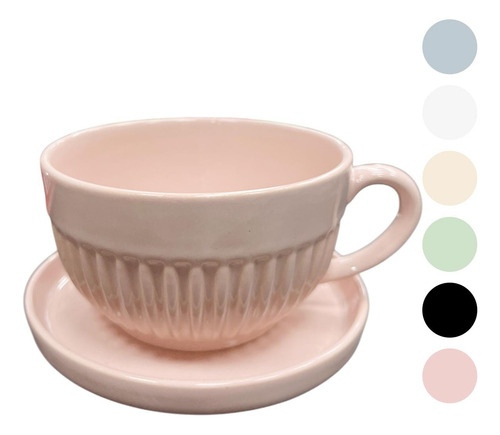 Tazon Multifuncion Ceramica Vintage Canela 550ml + Plato Gris Azulado