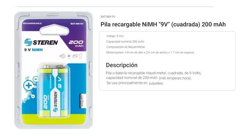 BATERÍA RECARGABLE USB LI-ION TIPO 9V (CUADRADA), DE 500 MAH STEREN  BAT-LI-9V-USB