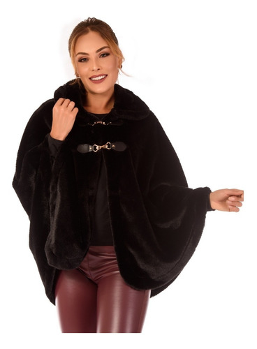 Poncho Pelerine Pele Pelo Preto Com Fechamento 