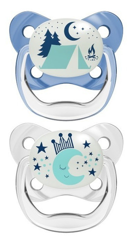 Chupete de mamila redonda Dr Brown's Contoured Glow-in-the-Dark con diseño blanco y celeste para bebés de 6m a 18m meses azul