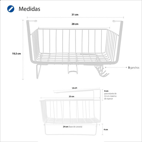 Imagen 4 de 7 de Cesto Canasto Organizador Metal Con Sujetador Cocina Baño