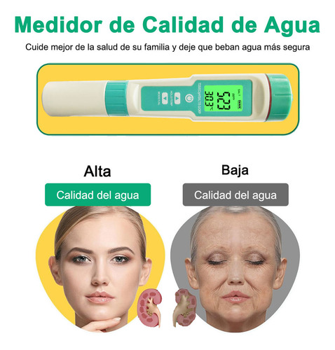 Medidor Ph/tds/ec/salinidad/orp/sg/temp Probador Agua 7 En 1 Bolígrafo de Prueba de Calidad del Agua Portátil de Alta Precisión de 0.01 EC Multifuncional para Hidroponía Piscina Color Verde