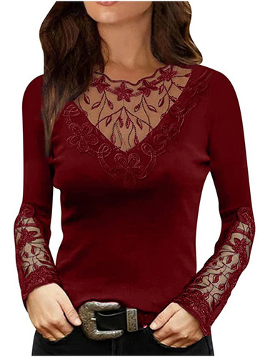 Camiseta Mujer Cuello Redondo Encaje Manga Larga Hollow Out