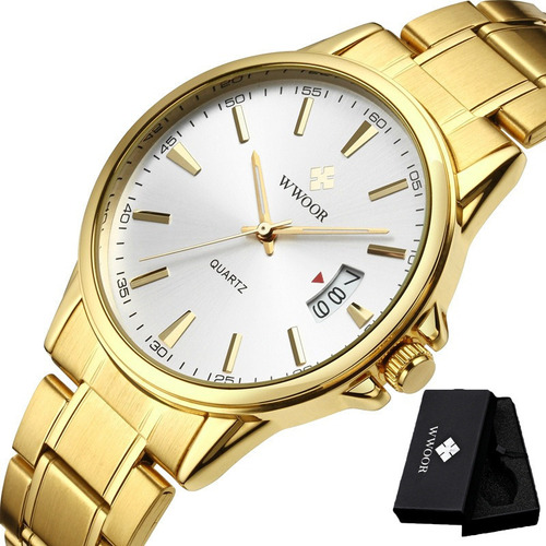 Reloj de pulsera Wwoor 8833 de cuerpo color dorado, analógico, para hombre, fondo blanco, con correa de acero inoxidable color y expandible