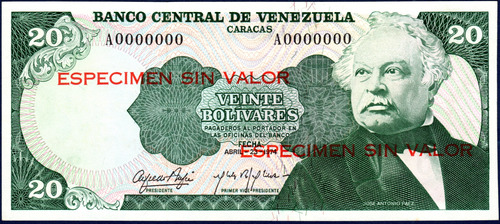 Billete Espécimen Sin Valor Rojo 20 Bolívares Abril 23 1974