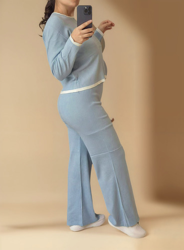 Conjunto Pants Mujer Moda Pants Completo Tiro Alto Unitalla Azul Claro Unitalla
