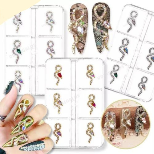 6 Dijes Strass Serpiente Con Diamante 3d Apliques Uñas Decor