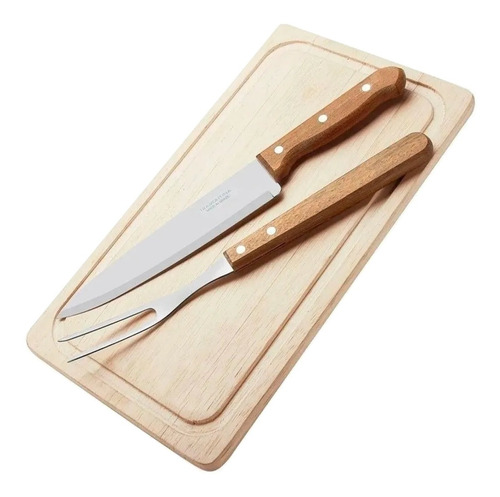 Juego Asado 3 Piezas Tramontina Naturale Tabla Madera Cts