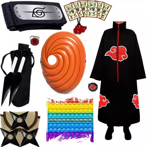 Manto Akatsuki Sem Capuz, Mascara, Kit Ninja e Anel Tobi A27