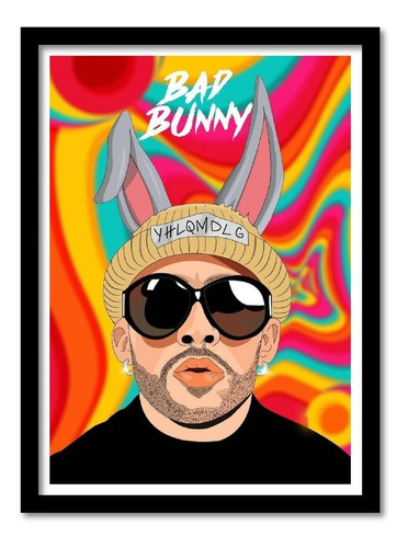 Cuadro Bad Bunny Ilustración Fotografía Enmarcado 30x40