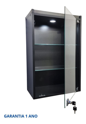 Vitrine Prateleira Suspensa Porta Vidro Led Preto Fechadura