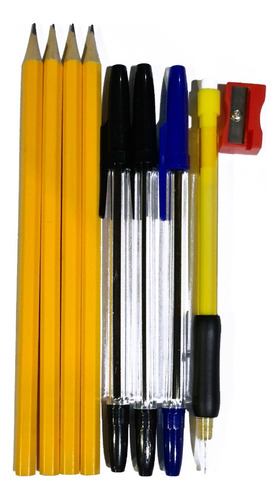 10 Kit 4 Lapiz Grafito 3 Boligrafos Sacapuntas Portamina Trazo Negro - 279016