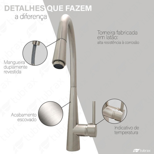 Torneira Cozinha Gourmet Monocomando Extensível Aço Escovado