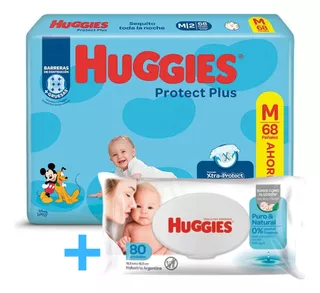 Pañales Huggies Protect Plus + Toallitas Puro Y Natural X80