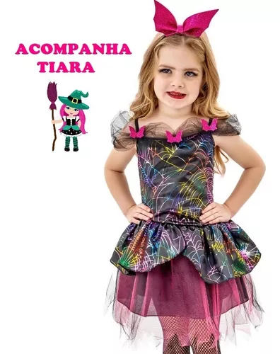Fantasia de Bruxa Aranha Infantil Halloween Com Tiara