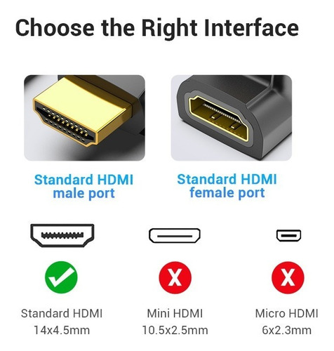 Imagen 7 de 10 de Adaptador Hdmi Macho A Hdmi Hembra Codo 90° Grados Vention