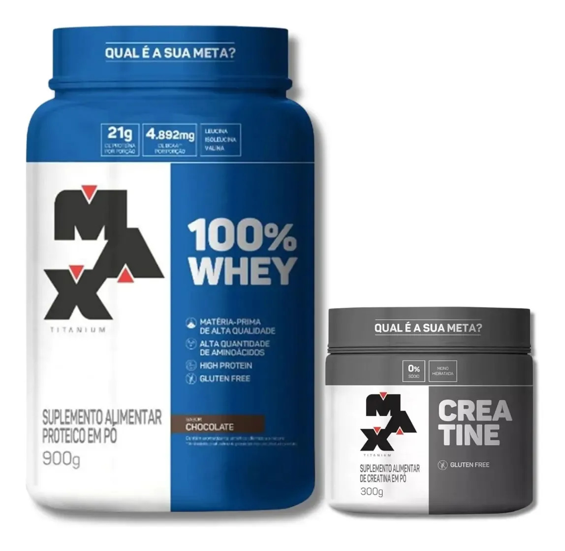 Combo: Whey 100% Max 900g + Creatina Max 300g Max Titanium Chocolate