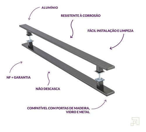 Kit Correr Alumínio Preto 2m + Puxador 50cm Flat Aluminum Pr
