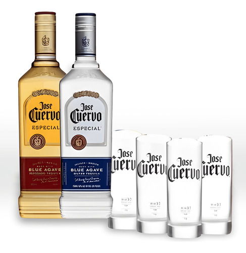 Kit Presente 2 Tequilas Jose Cuervo Ouro Prata Com 4 Copos