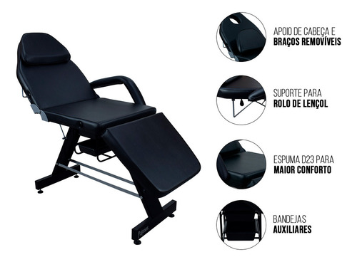 Maca Cadeira Poltrona Reclinável Fixa com Escada para Estética Massagem Spa Tatuagem Podologia Salus Brasil Cor Preto