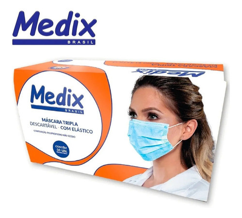 50 Máscara Tripla Descartavel Com Elástico Medix Anvisa Cor Azul