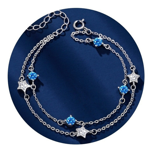 Pulsera Plata 925 Ajustable Doble Capa Estrella Y Circón Largo 19 cm