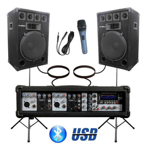 Combo Consola 5 Canales 200w Usb Bluetooth 2 Bafles 15
