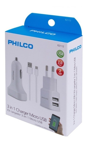 Kit Cargador Celular Pared Auto Philco 3 En 1 Cable Microusb