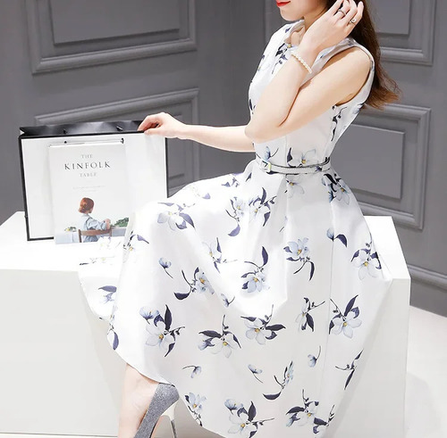 Vestido Longo Sem Mangas Com Estampa Floral Em Linha A Para