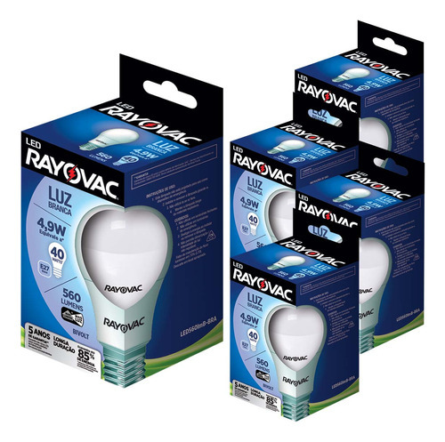 5 Lampada Led 4,9w Luz Branca 6500k Rayovac Bulbo E27