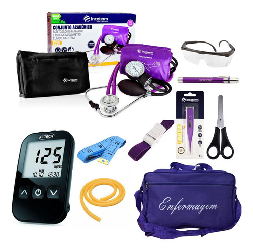 Kit De Enfermagem Roxo Com Medidor De Pressão E Glicose