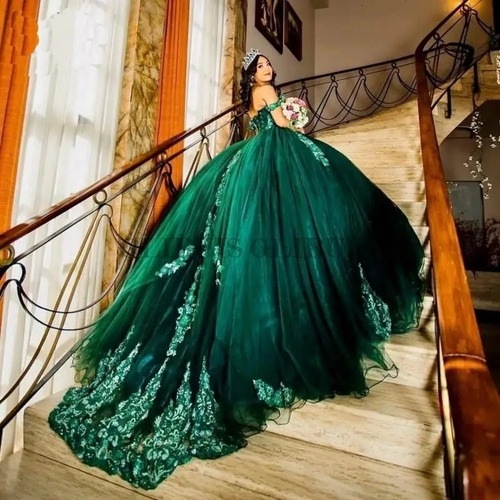 Vestido De Xv Quinceañera Verde Tul Brillante Con Flores
