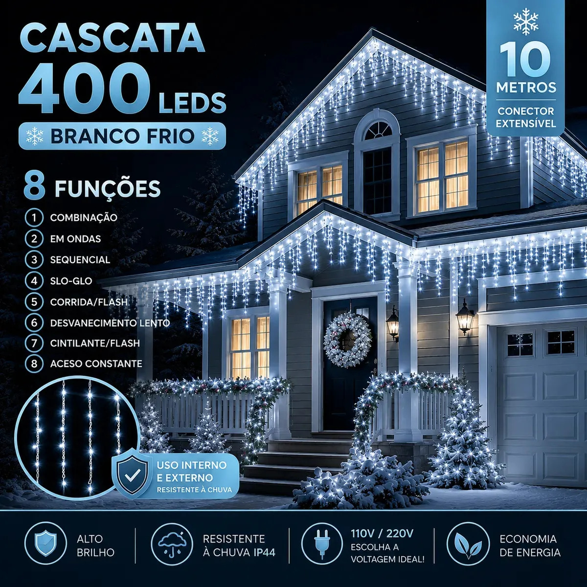 Cascata Natal Com 8 Funções Branco Frio 400 Leds 10 Metros Extensível Macho Fêmea A Prova D'agua área interna e externa LARUNO