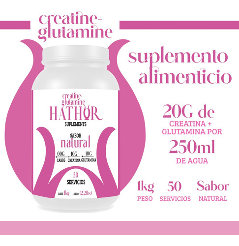 Creatina + Glutamina Hathor 1 Kg 50 Servicios Pre Entreno Natural