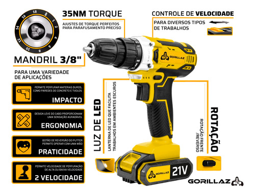 Parafusadeira Furadeira 21v 3/8 Com 2 Baterias + Kit 300 Pçs