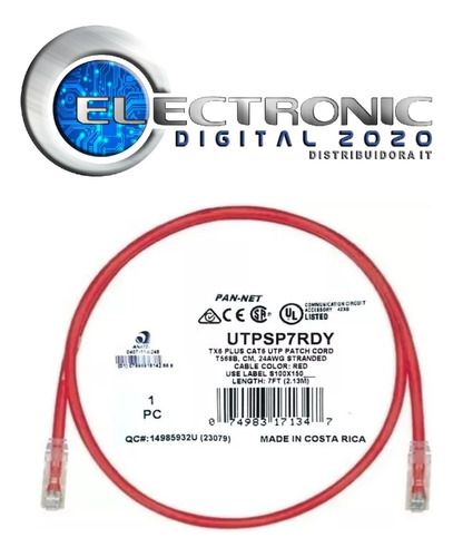 Patch Cord Panduit Utpsp7rdy 7ft 2,13m Cat 6 Cable Red Ori