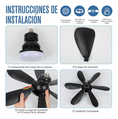 Fofodio Lámpara Ventilador Techo Con Luz Led Control Remoto Focos Ventiladores Techo Cantidad De Aspas 6 Estructura Negro Diámetro 52 Cm Aspas Ventilador Accord Base Para Foco E27