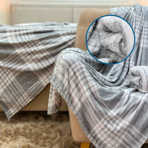 Cobertor Manta Soft Leve Quentinho Para Cama E Sofá Xadrez Cor Cinza Desenho Do Tecido Manta Xadrez B3