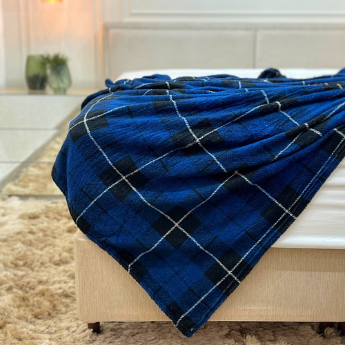 Cobertor Manta Soft Leve Quentinho Para Cama E Sofá Xadrez Cor Azul Royal Desenho Do Tecido Manta Xadrez B3