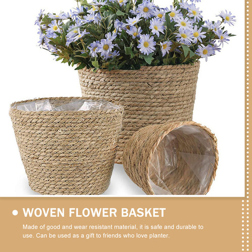 Cesta De Flores Tejida, Cesta Tejida Con Paja, Maceta