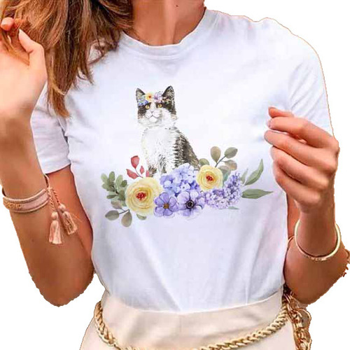 Remera Dama Mujer Street Mascota Con Flores Gato Gatito #13