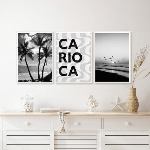 Kit 3 Quadros Rj Carioca Praia Pb 45x34cm - Vidro