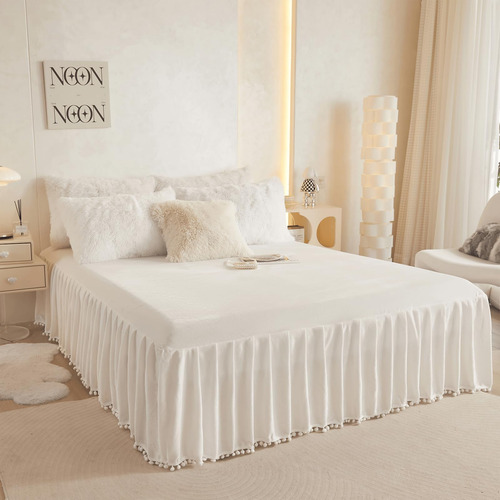 Faldón De Cama De Terciopelo Con Borlas Pom Pom, Falda De