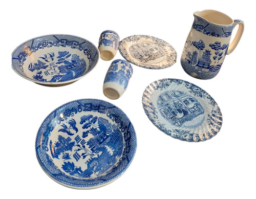Juego De Platos Y Jarra Vajilla Antigua En Azul Y Blanco (Usado)
