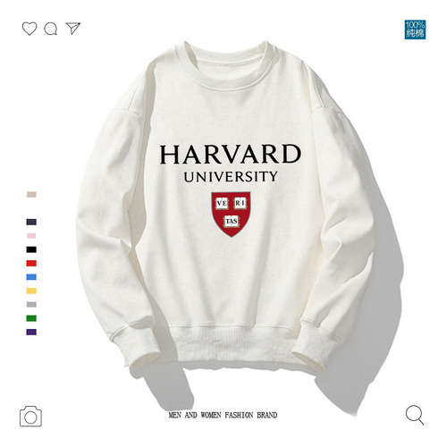 Sudadera Redonda Con Estampado Negro De La Universidad De Harvard Para Hombre Y Mujer