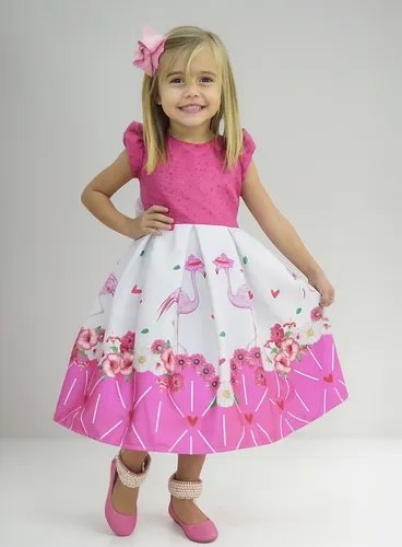 Vestido Infantil Flamingo Rosa Glitter