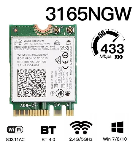 Tarjeta Wifi Intel 3165 3165ngw 3165ac Ngff B4.0 433mbps