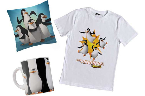 Remera Pingüinos De Madagascar Combo Con Taza Y Almohada