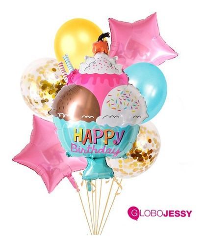 Globos En Gas Helio Copa De Helado Kit X 7 Globos Aluminio